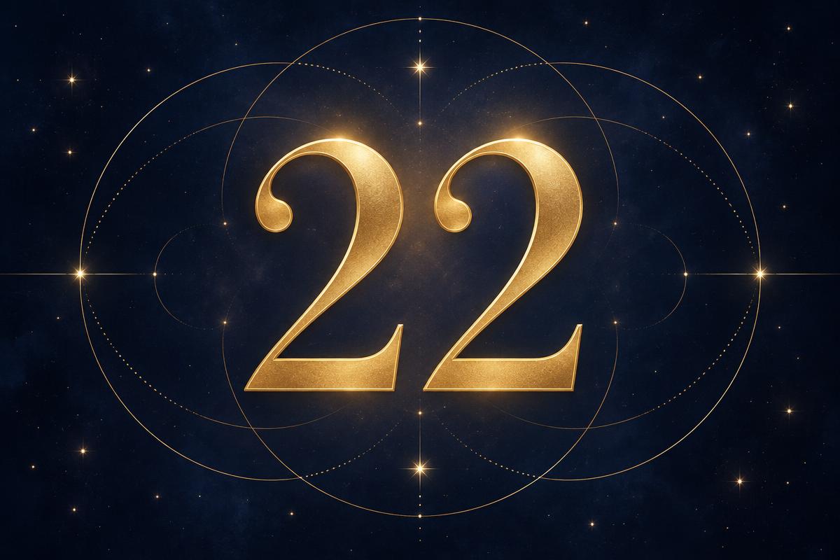 Kuldne number 22 struktuursete joonte ja sümmeetriaga sügaval sinisel taustal