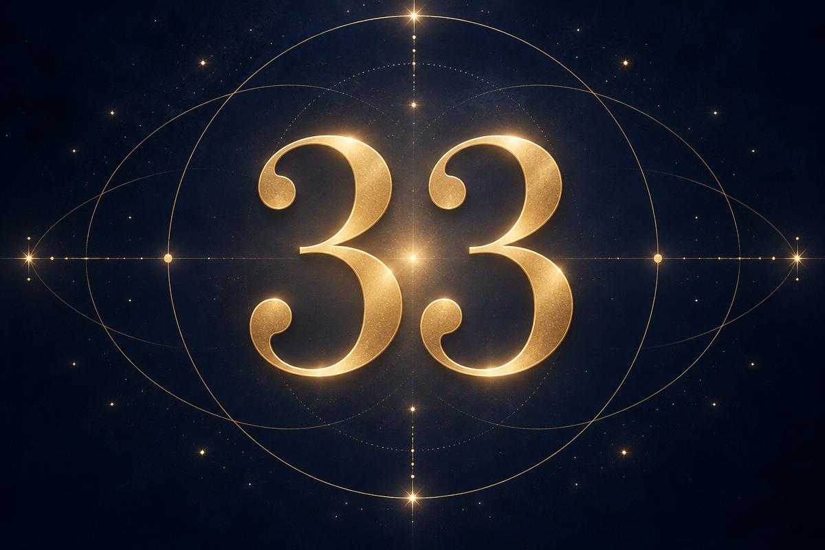 Kuldne number 33 pehmete kaarjate joontega sügaval sinisel taustal