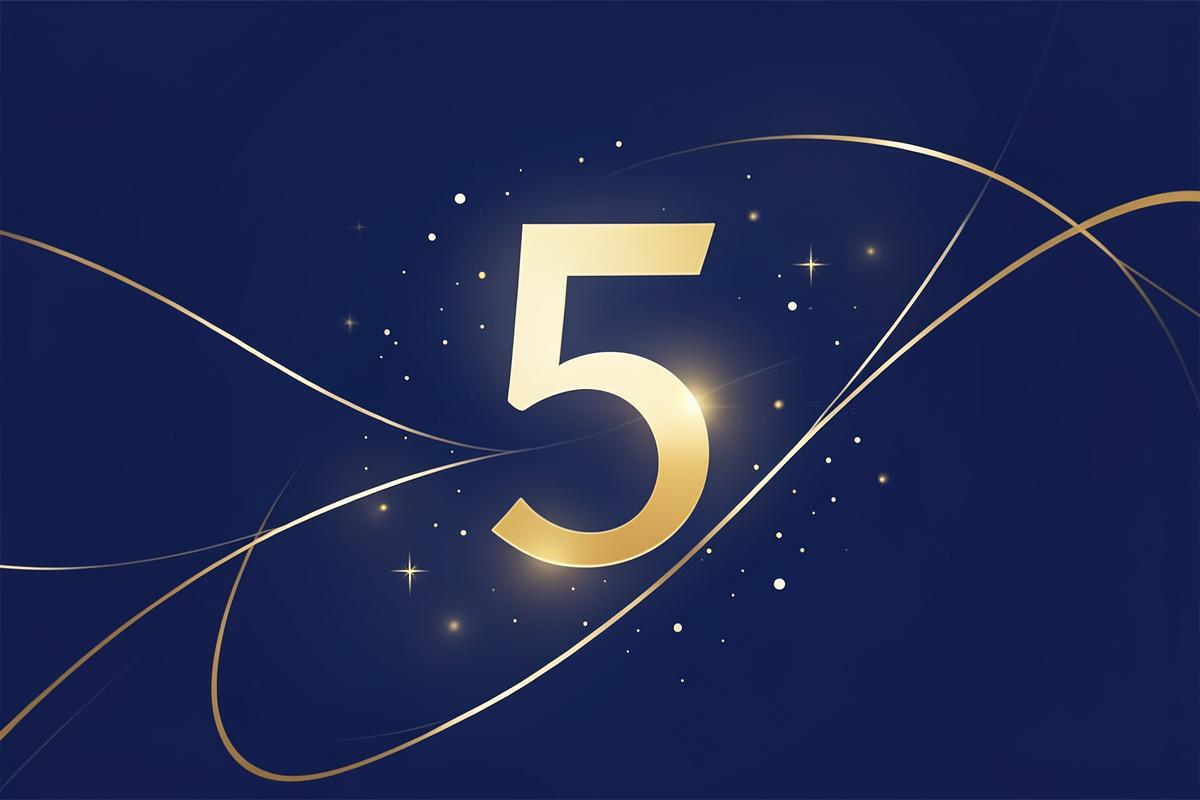 Kuldsen number 5 dünaamiliste joonte ja tähtedega sügaval sinisel taustal