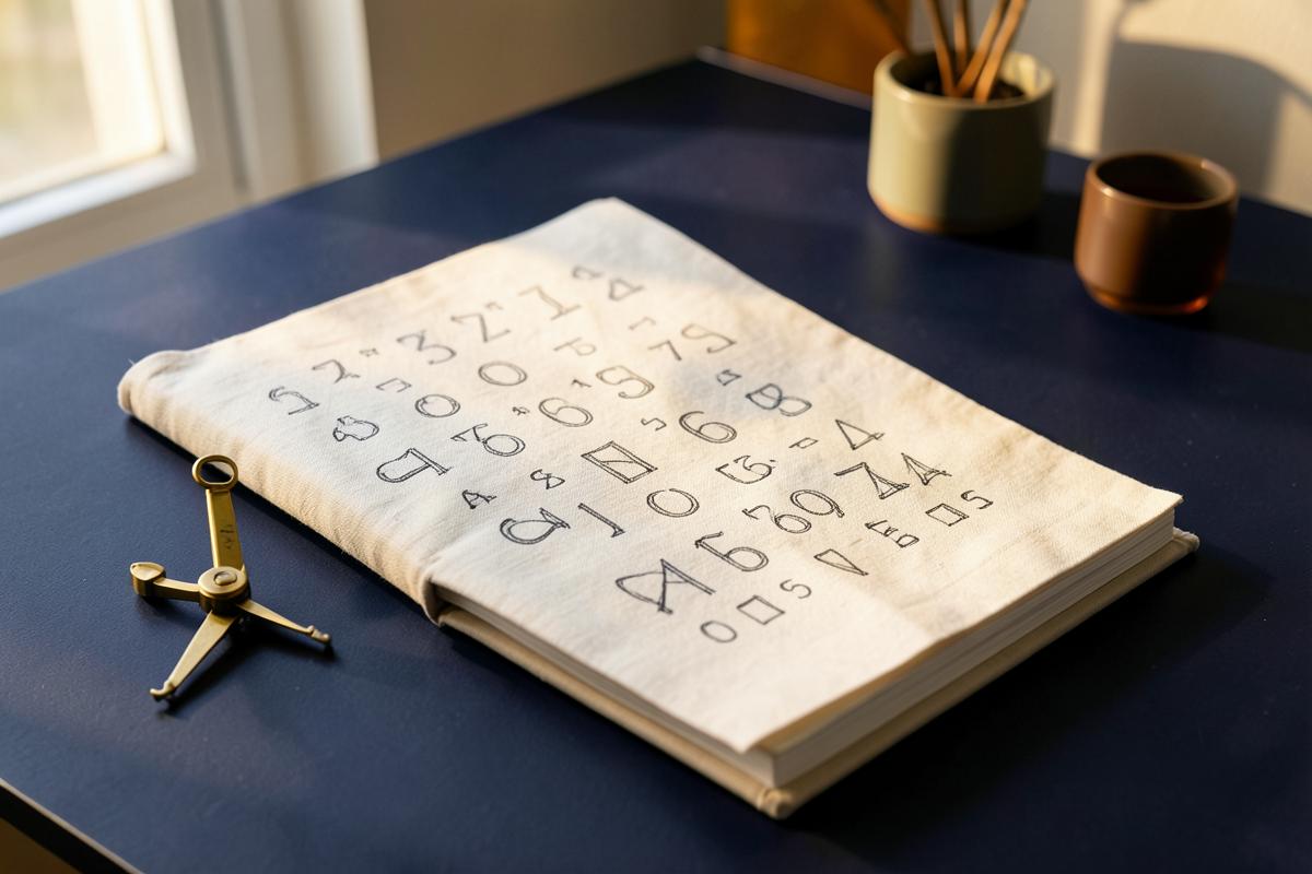 Avatud märkmik numbrimustrite ja messingist sirkliga